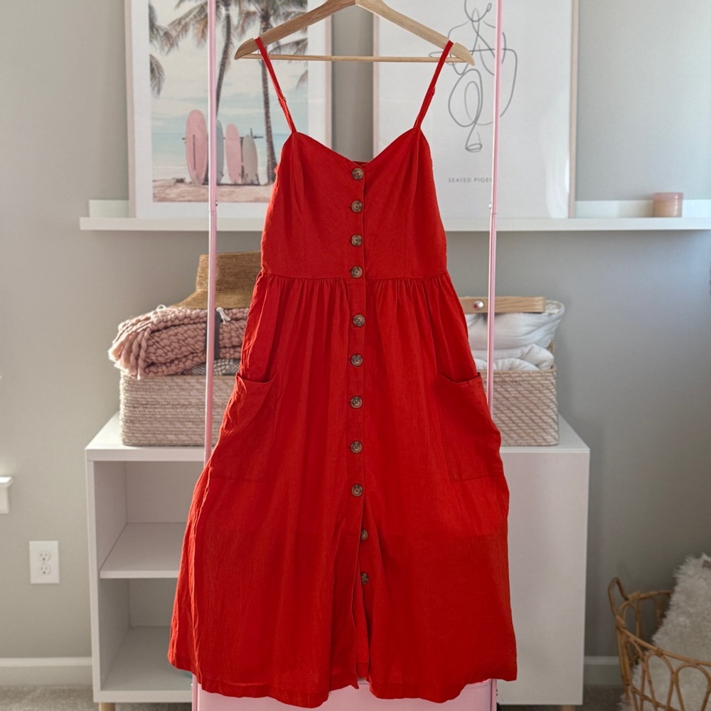 Cooperative Urban Outfitters Red Linen Blend Midi Dress | Size Large